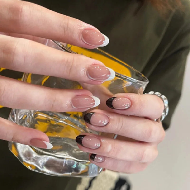 24Pcs Wearable French Fake Nails with Glue Simple Almond False Nails White Edge Design Short Full Cover Oval Nails Set Press On