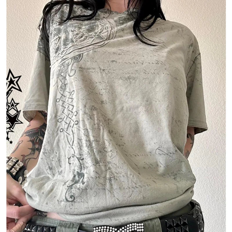 y2k Grunge Crop Top Women Summer Gothic Star Print Round Neck Short Sleeve T Shirt 2000s Cybercore Clothes Streetwear