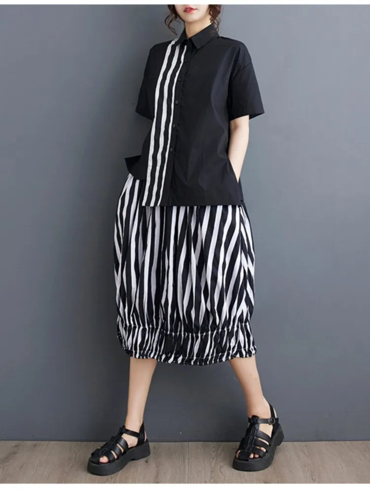 Summer Striped Print 2 Two Piece Set Women Irregular Patchwork Fashion Ladies Cropped Shirts Loose Casual Pleated Woman Skirts Viralgem Store
