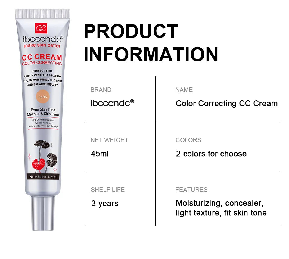 45ml Color Correcting CC Cream Facial Centella Asiatica Repair BB Cream Natural Concealer Whitening Liquid Foundation Cosmetics
