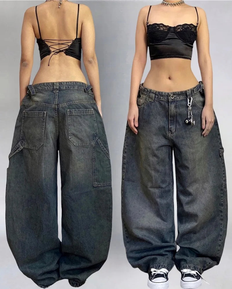 Y2K New Harajuku Fashion Black Washed Old Baggy Jeans Women Street Trend Vintage Hip Hop Gothic High Waist Wide Leg Wide Pants