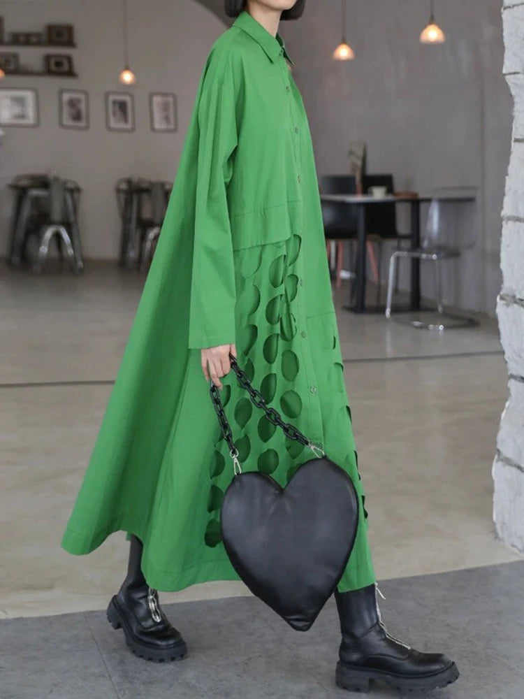 [EAM] Women Black Hollow Out Big Size Midi Shirt Dress New Lapel Long Sleeve Loose Fit Fashion Tide Spring Autumn 2024 1DF6037 Viralgem Store