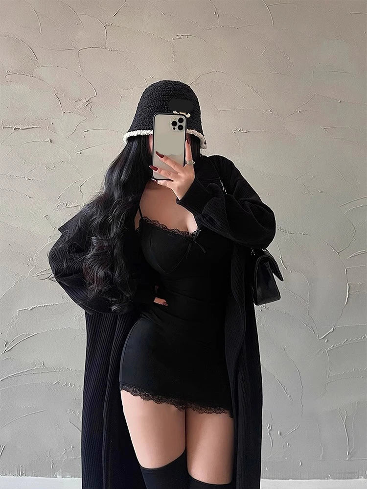 Y2K Retro Lace Patchwork Spaghetti Strap Black Bodycon Dress Mini Fashion Aesthetic Bow Club Party Sexy Dresses for Women Viralgem Store