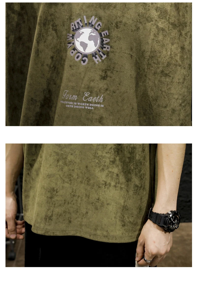 Summer Graphic Printed Suede Short Sleeve T-shirt For Men 2024 New Y2K Streetwear Oversized Tee Shirts Hip Hop O-Neck Tops