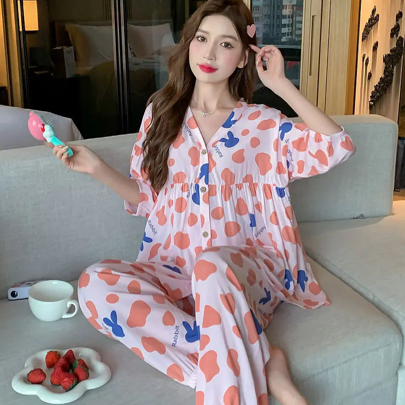 2023 New Cotton Silk Summer Pajamas Suit Plus Size Loose Ladies Home Clothes Two-piece Casual Style Thin