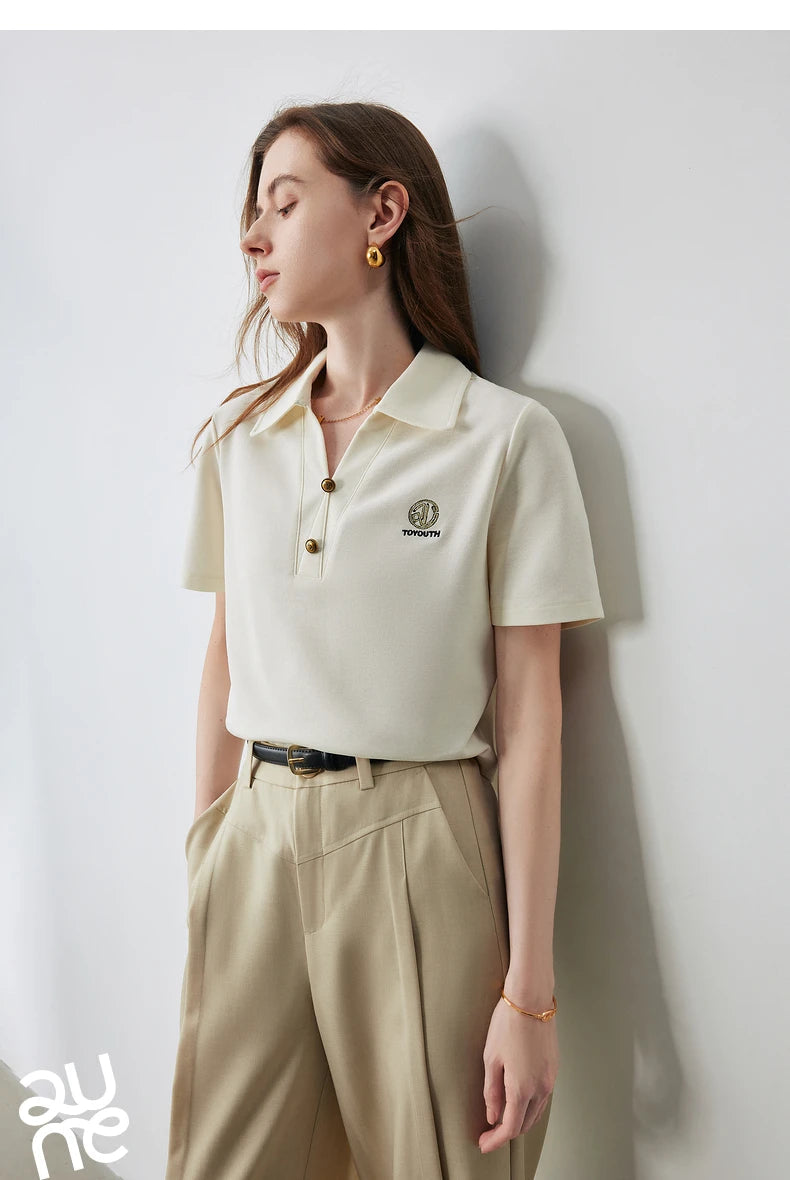 TOYOUTH Women Letter T-shirt 2024 Summer New POLO Collar Top Viralgem Store