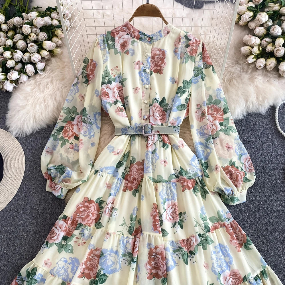 Spring Autumn Women Floral Chiffon Long Dress Vintage Purple/Pink/Black/Beige Stand Collar Single Breasted Maxi Robe Elegant New Viralgem Store