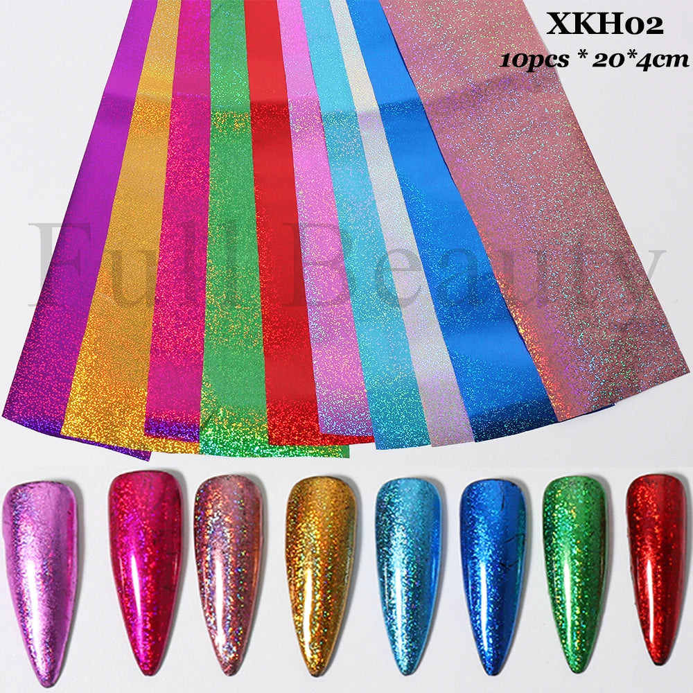 10Pcs Hologram Transfer Foil Nails Laser Stars Holographic Nail Stickers Mermaid Tail Sliders Metallic Gel Polish Wraps NLXKY01