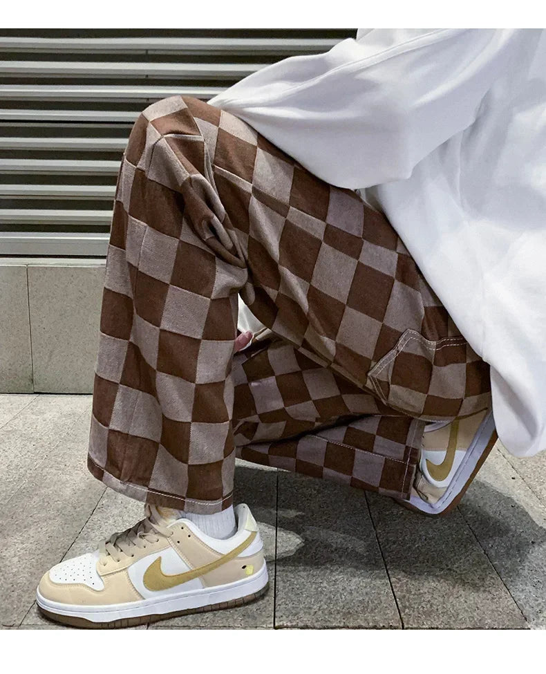 2024 Spring New Men's Brown Check Print Baggy Jeans Korean Fashion Streetwear Denim Straight Pants Male Brand Trousers