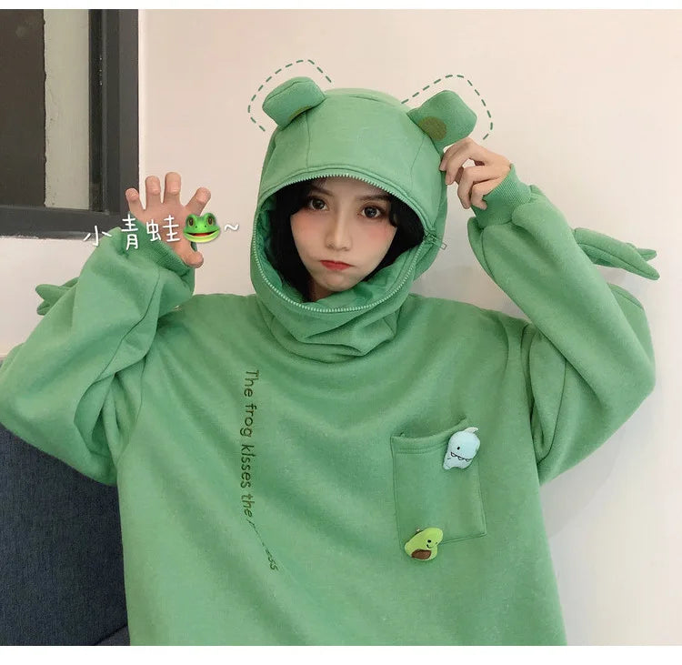 Unisex Frog Zipper Hoodie Fleece Lined Springtime Embroidery oversized Sweatshirt Harajuku Warm Pullover Korean Style Dropship