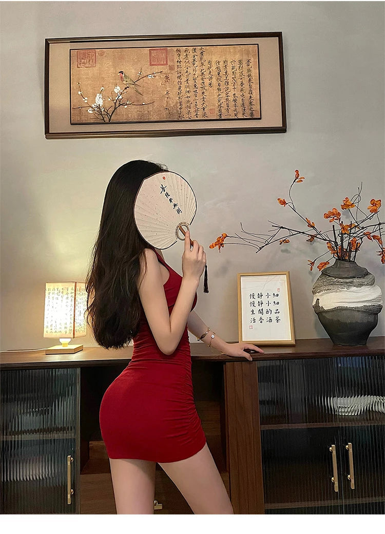 Summer Sexy High Neck Tight Dress Oversleeve Pleated Bottom Wrapped Hip Dress Women Bodycon Viralgem Store