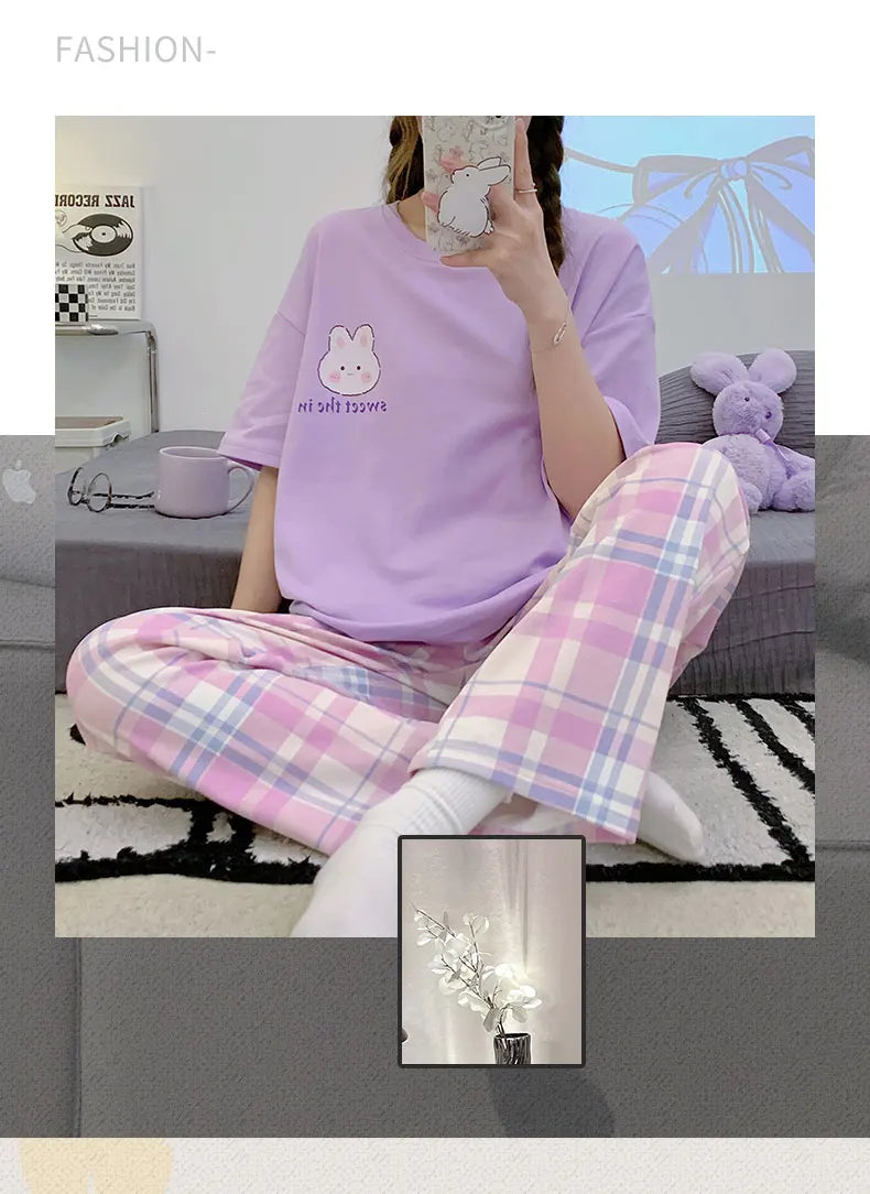Spring Summer Women Pajamas Soft Cotton Cute Rabbit Print Pijamas Short Sleeved Plaid Pants Sleepwear Fashion Home Wear