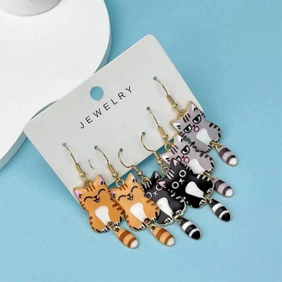 3 Pairs New Fun and Cute Enamel Alloy Hanging Tail Cat Dangle Earrings Colored Cat Ear Jewelry Set Lovely Gift For Women Girls Viralgem Store