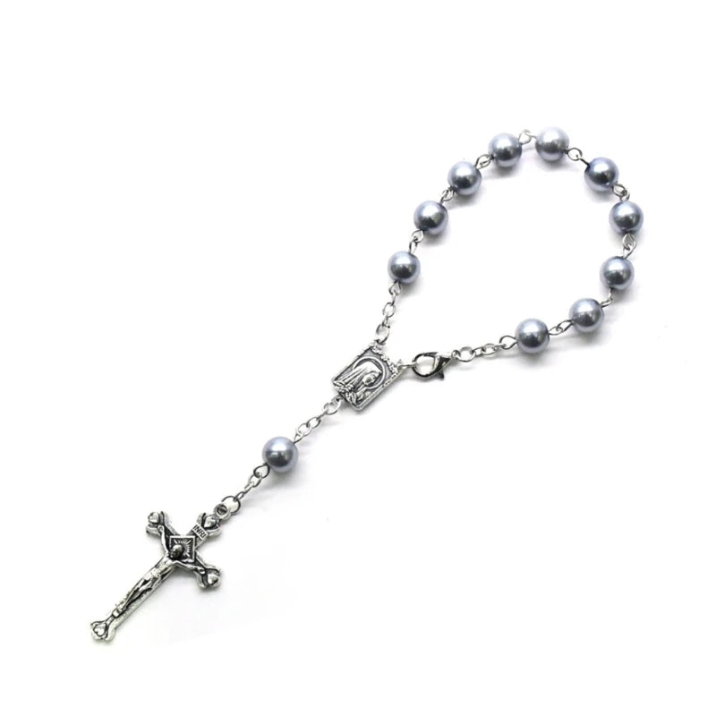 8mm Pearl Finger Rosaries Baptism Rosary Favor Small Rosary with Crosses Party Favor for Communion Baptism Wedding Party