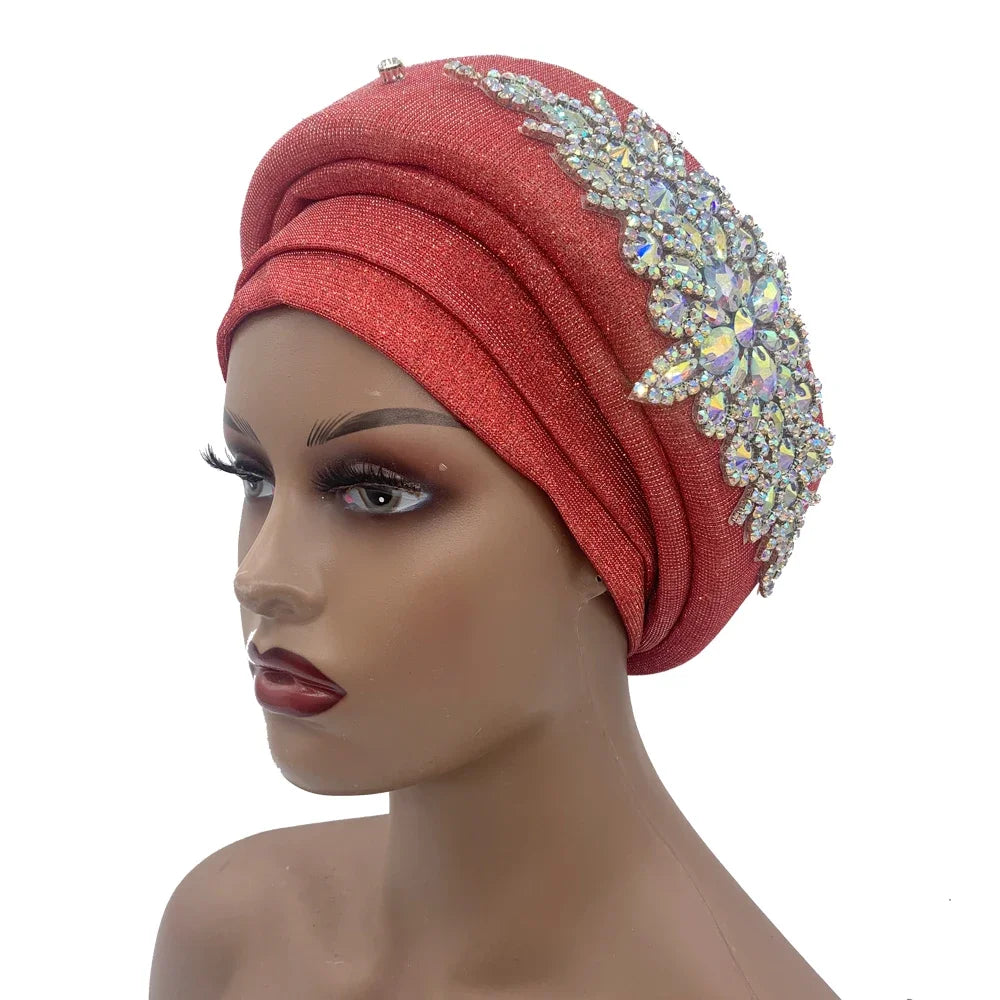 African Wrap Head Headgear Nigeria Auto Gele Headtie Turbante Mujer Luxury Rhinestone Turban Hat for Women Glitter