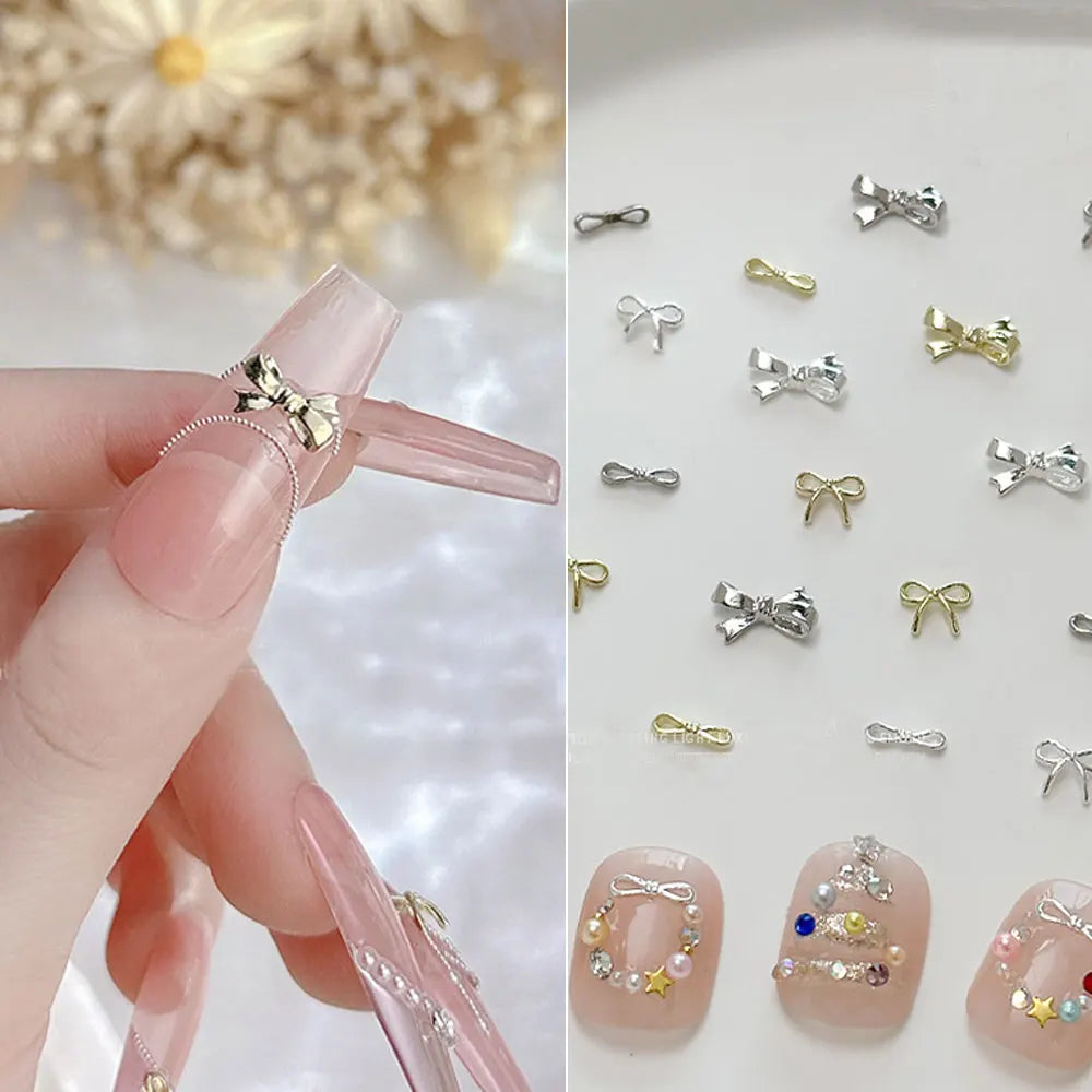 20pcs Silver Bowknot Nail Art Charm 3D Alloy Gold Small Thin Bow Tie Nail Decoration DIY Versatile Christmas Nail Accessories Viralgem Store