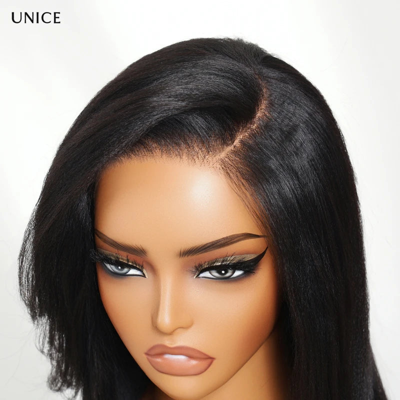 Unice Human Hair Yaki Straight Wig with Side Swept Bangs 7x5 Bye Bye Knots Glueless Lace Wigs Viralgem Store
