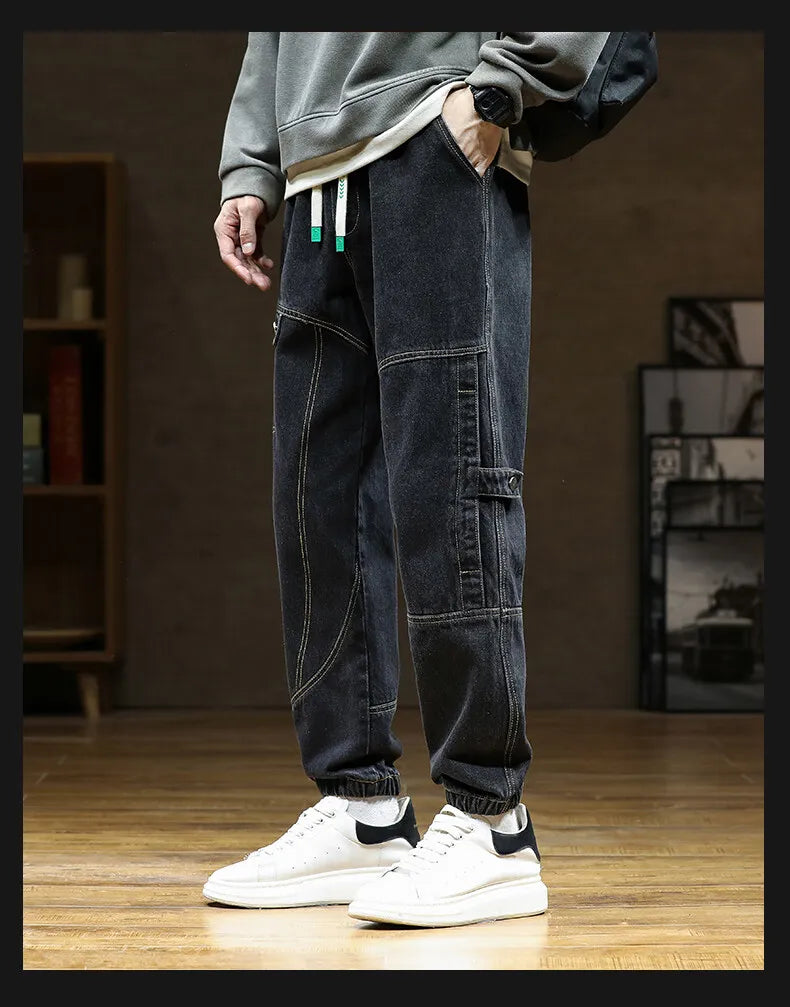 Spring Autumn Jean Men Elastic Waist Harem Hip-hop Denim Pant Male Street Fashion Big Size Loose Fit Baggy Jogger Cowboy Trouser