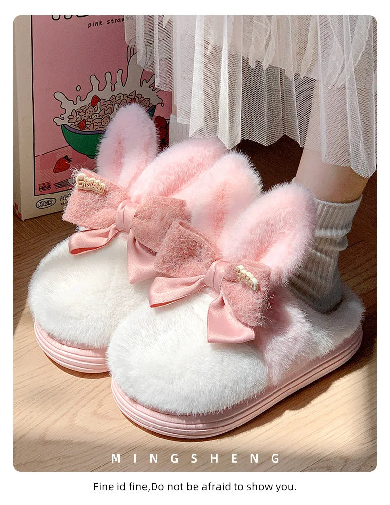 8 cm High platform fur slippers women's winter fluffy ear home shoes woman white bunny rabbit slippers woman house clog shoes