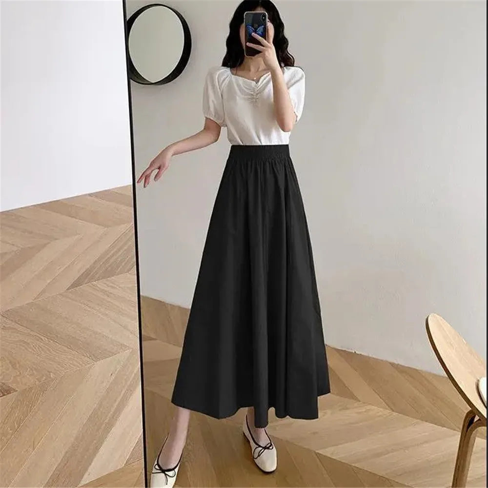 Spring Summer Autumn Elastic High Waist Loose Women All-match Midi Skirt Female Long Skirt Student Teenage Girls A-line Skirts