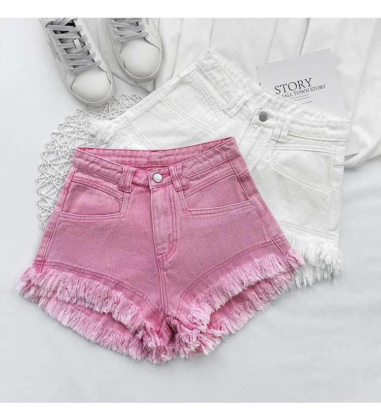 White Denim Shorts Women New High-Waist Ripped Fringed Burr Hot Pants 2023 Summer Loose Wide-Leg Korean Style Short Femme