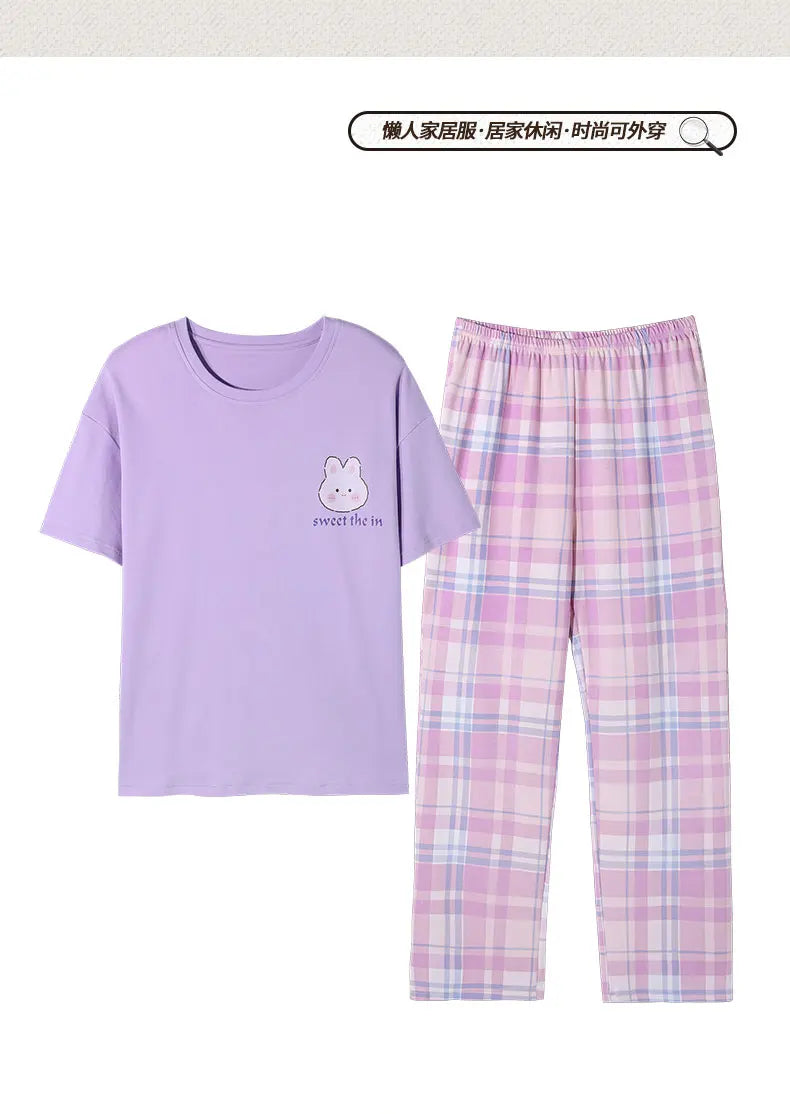 Spring Summer Women Pajamas Soft Cotton Cute Rabbit Print Pijamas Short Sleeved Plaid Pants Sleepwear Fashion Home Wear