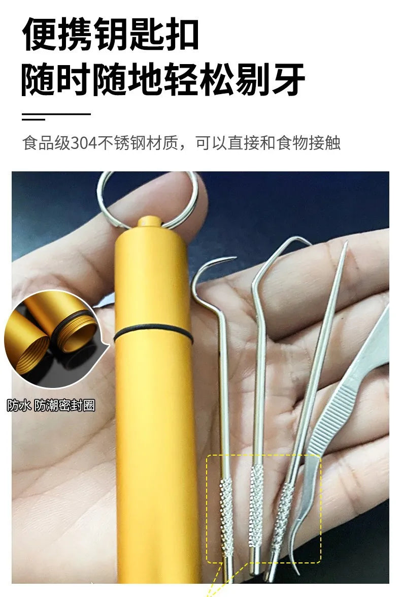 1Set Toothpick Set Metal Stainless Steel Oral Cleaning Tooth Flossing Portable Toothpick Floss Teeth Cleaner with Storage Tube