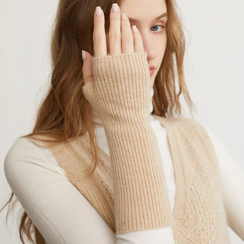 Winter Women 100% Cashmere Long Mitts 25cm Fine Knitted Fingerless Gloves Y2k Thermal Gloves Semi Finger Lengthen Arm Warmers Viralgem Store