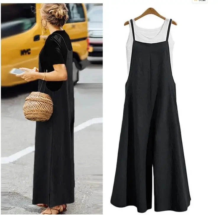 Women Straps Jumpsuit Summer Solid Color Wide Leg Pants Dungaree Bib Overalls Casual Loose Sleeveless Cotton Linen Jumpsuits 5Xl Viralgem Store