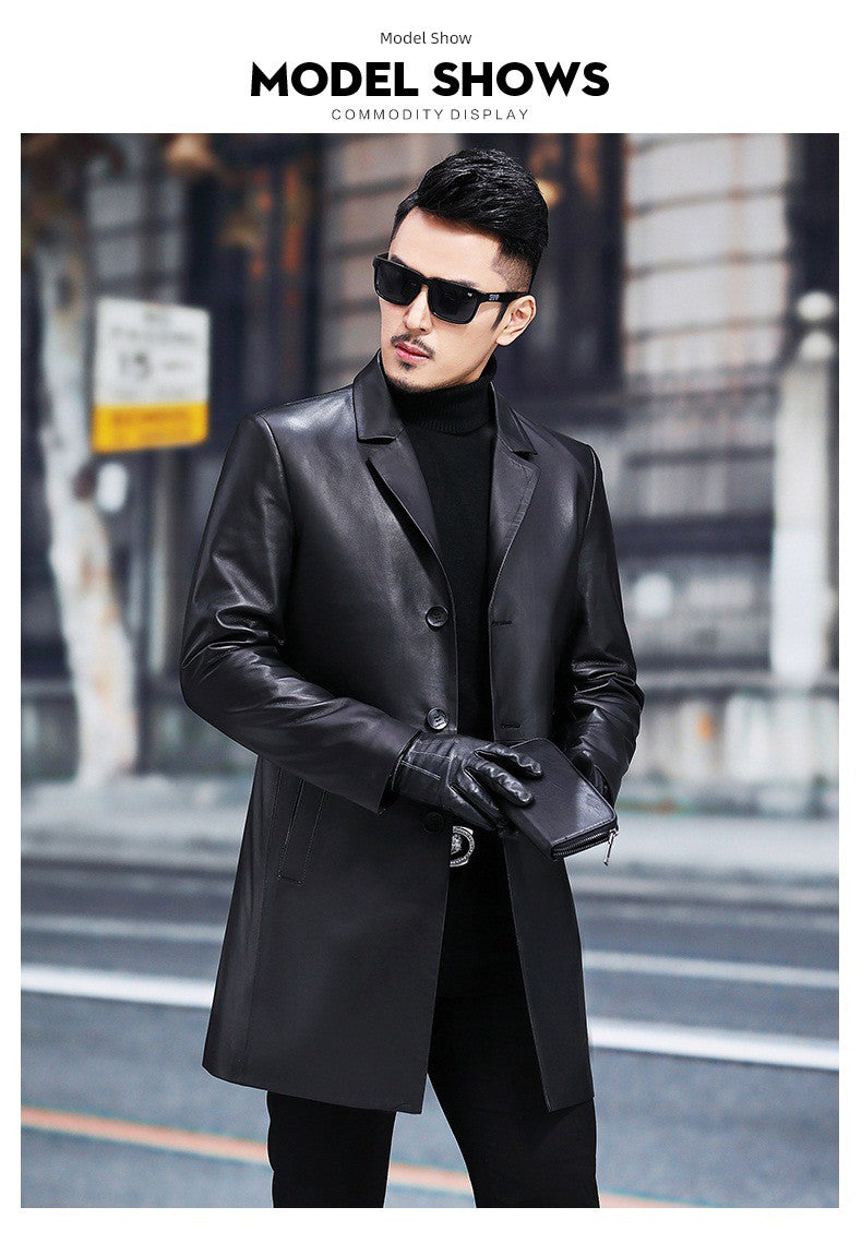2024 New Arrival Haining Genuine Leather Clothes Men's Mid Length Long Length Trench Coat Fur Outwear Silm K-style Suit Collar Leather Jacket