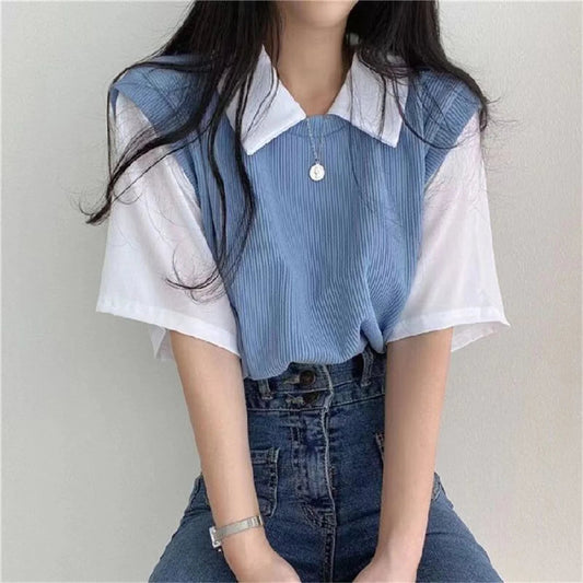 Summer Academy Style Color Blocking Polo Collar Top Fake Two-piece Short Sleeve T-shirt Women Lazy Loose Casual Versatile Blouse Viralgem Store