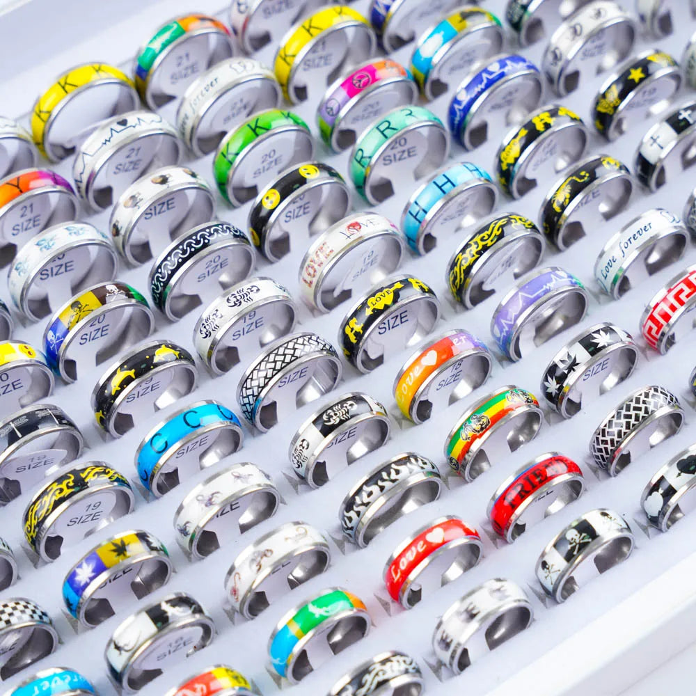 10/20/30/50Pcs Classic Fashion Stripe Hollow Colorful Sticker Stainless Steel Ring Trend Women Jewelry Party Decoration Gift