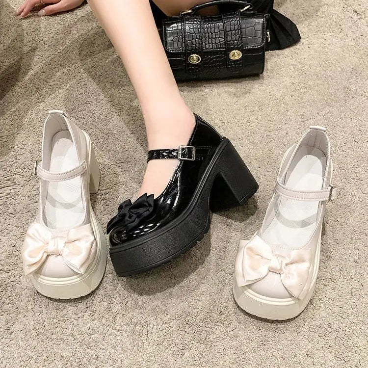 White Round Toe Platform High Heels Women Mary Jane Shoes Retro Bows Elegant Chunky Heel Women's Wedding Shoes Viralgem Store
