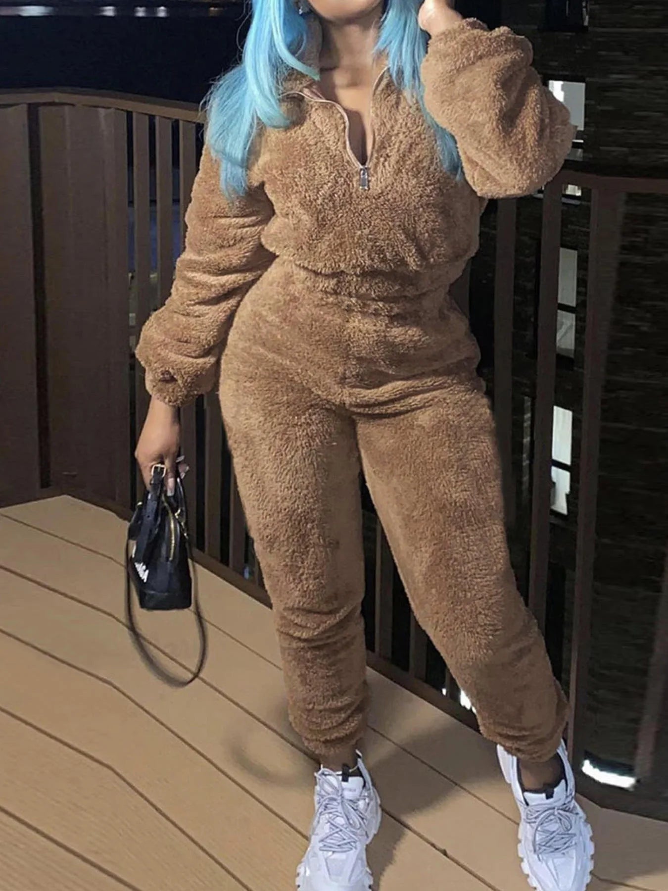 Winter New Plush Two Piece Set Casual Home Warm Suit For Women Fashion Zipper Lapel Pullover Top Elastic Waist Trousers Suit Viralgem Store