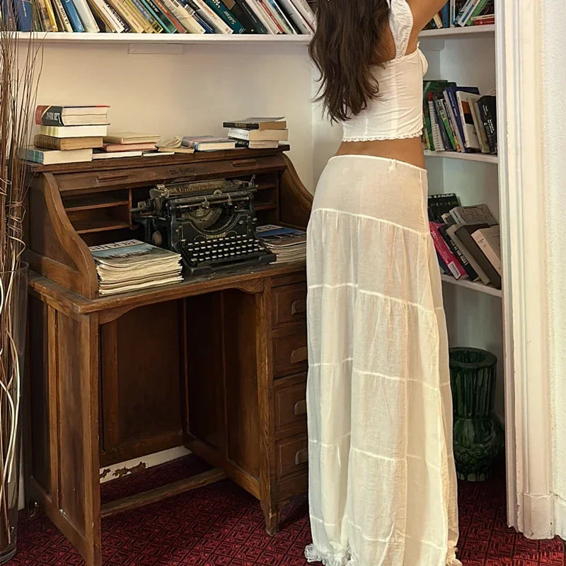 2 Piece Sets Lace Patchwork Beach Holiday Matching Set Outfits Sexy Summer Women Square Neck Crop Top and Long Skirt