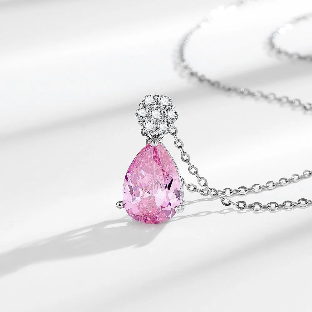 925 Sterling Silver Jewelry Set Shiny Rose Quartz Zircon Women Necklace Earrings Birthday Wedding Party Jewelry Gift Viralgem Store