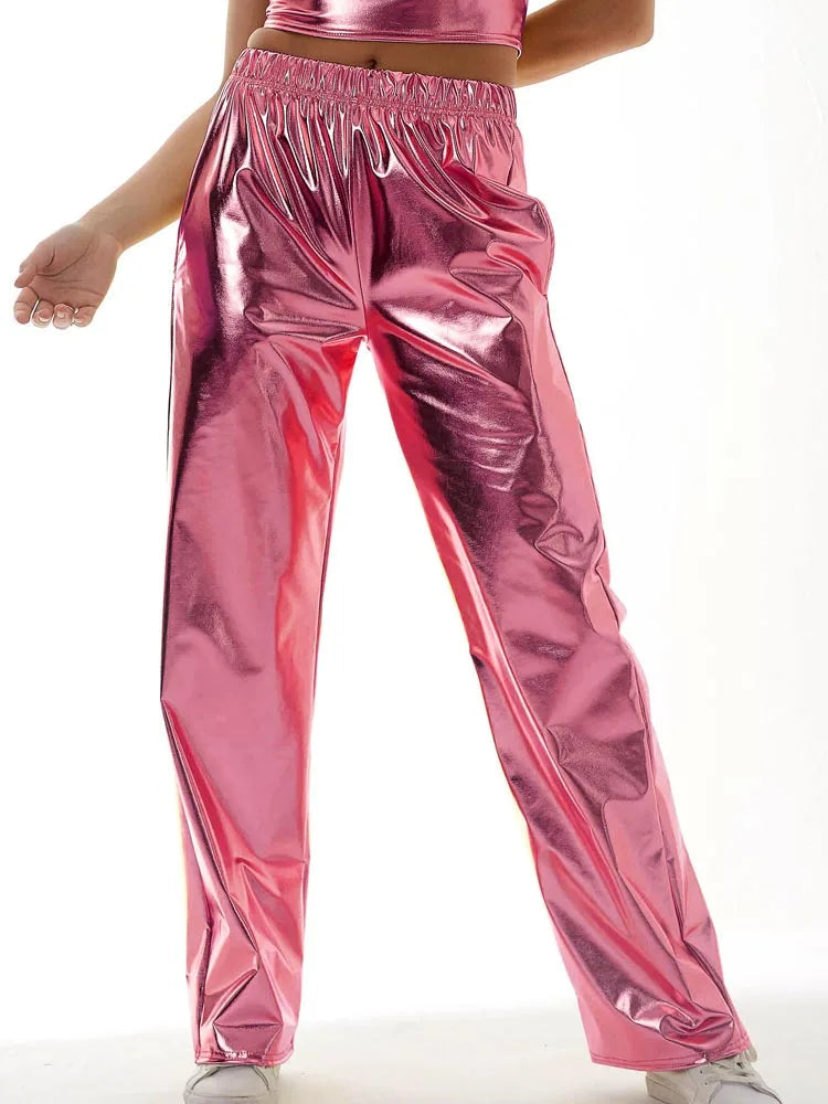 Women Adult Shiny Straight Leg Pants Casual High Waist Metallic Pants Super Long Holographic Pants Disco Bottoms Viralgem Store