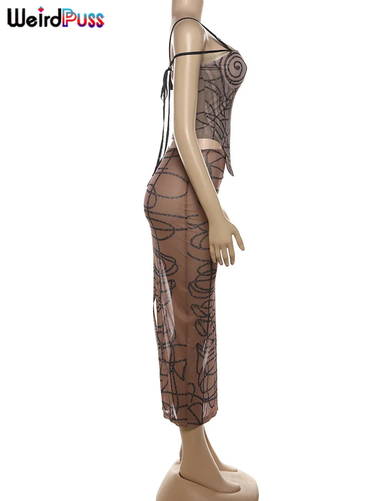 Weird Puss Stripe Print Sexy 2 Piece Set Women See Through Coquette Camisole+Long Skirts Midnight Clubwear Party Matching Suits Viralgem Store