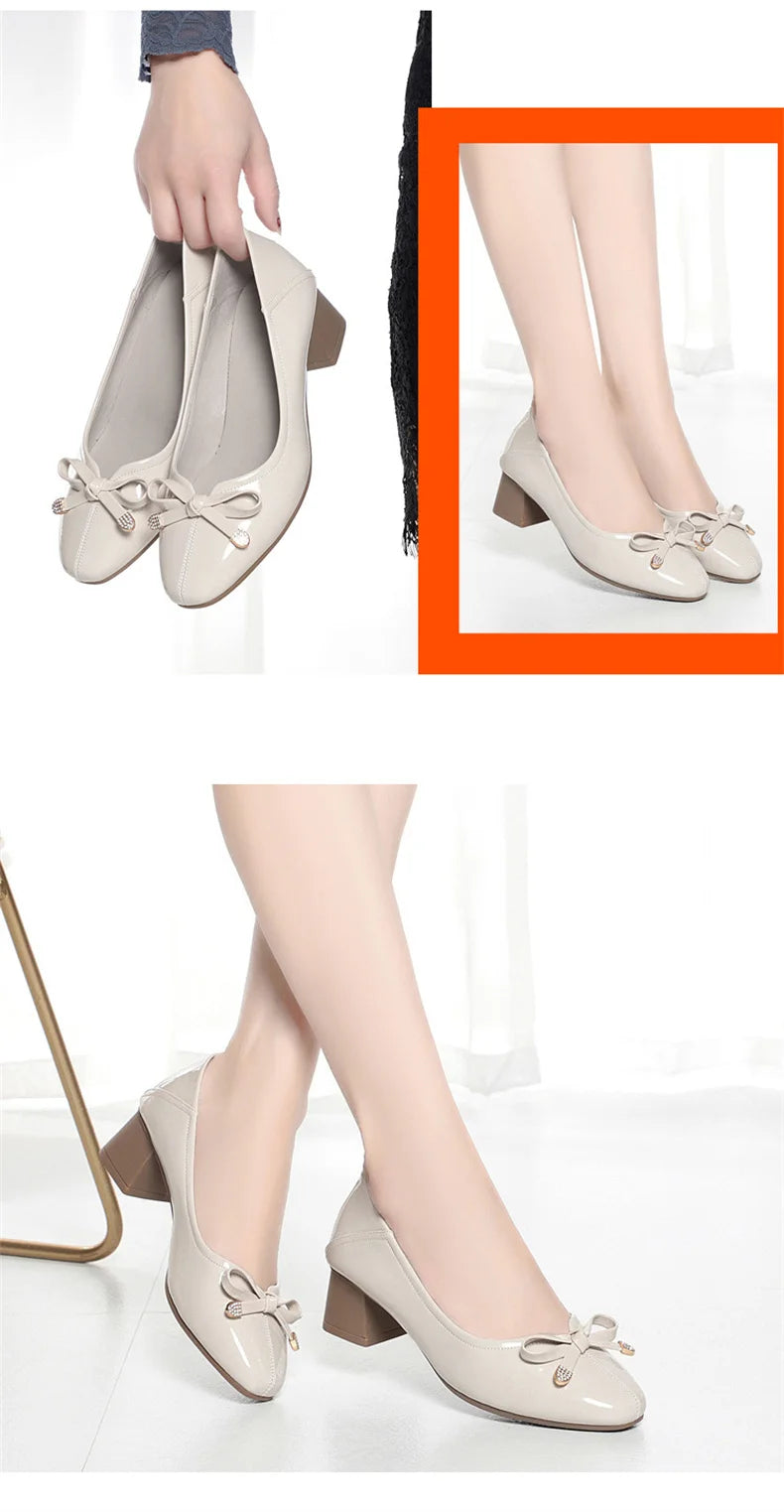 Spring New Comfort Soft Bottom Round Toe Solid Ballet Shoes Low Heel Bow Pumps Low Top Flat Patent Leather Single Shoes Viralgem Store