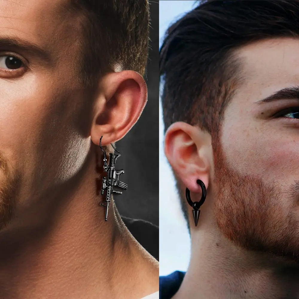 WKOUD 1 Pairs Stainless Steel Punk Black Dangle Earrings For Men Cross Skull Screw Cone Huggie Hoop Long Chain Piercing Hoop Viralgem Store