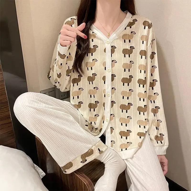 2 Pieces Womens Pajamas Long Sleeve Sleepwear Korean Heart Print Pijama Set Casual Nightwear Lady Home Suit Spring Pyjama Nighty