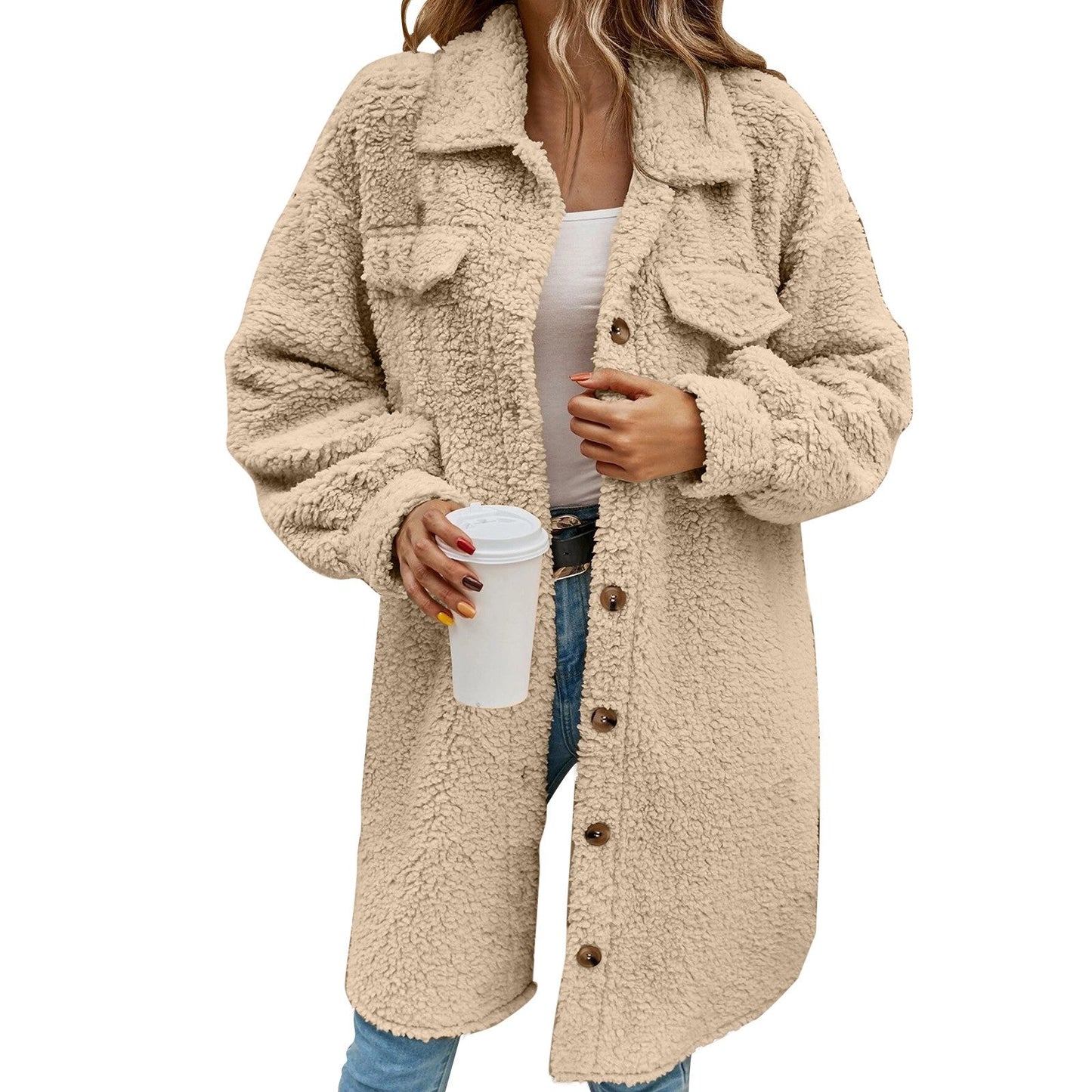 Women Fleece Jacket Long Sleeve Cardigan Sweatshirts Open Front Lapel Outerwears Women'S Winter Jacket 2024 Korean Winter Outer Viralgem Store