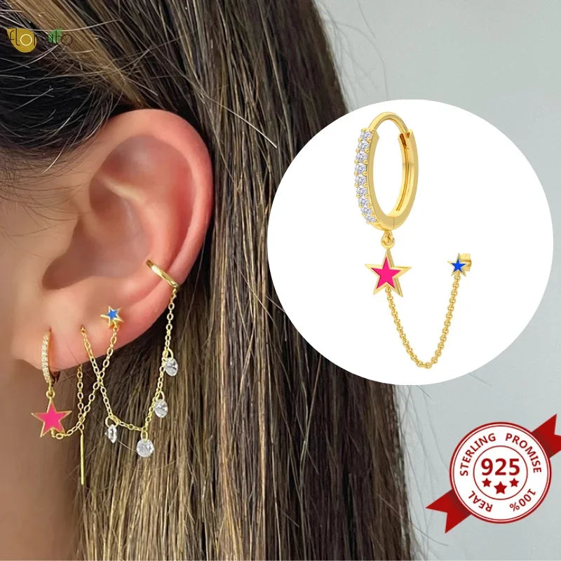 YUXINTOME 1PC 925 Sterling Silver Ear Needle Colorful Zircon Chain Tassel Hoop Earrings for Women Two Holes Earring Jewelry A45