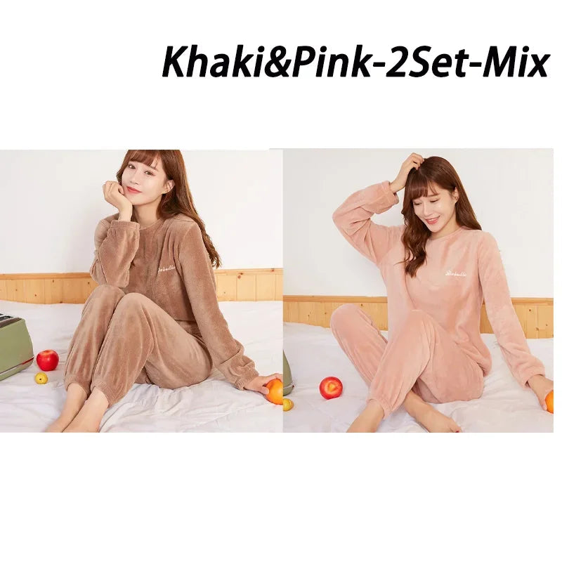 2024 Winter Pyjamas Warm Flannel Women Thick Leisure Wear Simplicit Coral Velvet Long Sleeve Solid Sleepwear Pajamas Set Viralgem Store