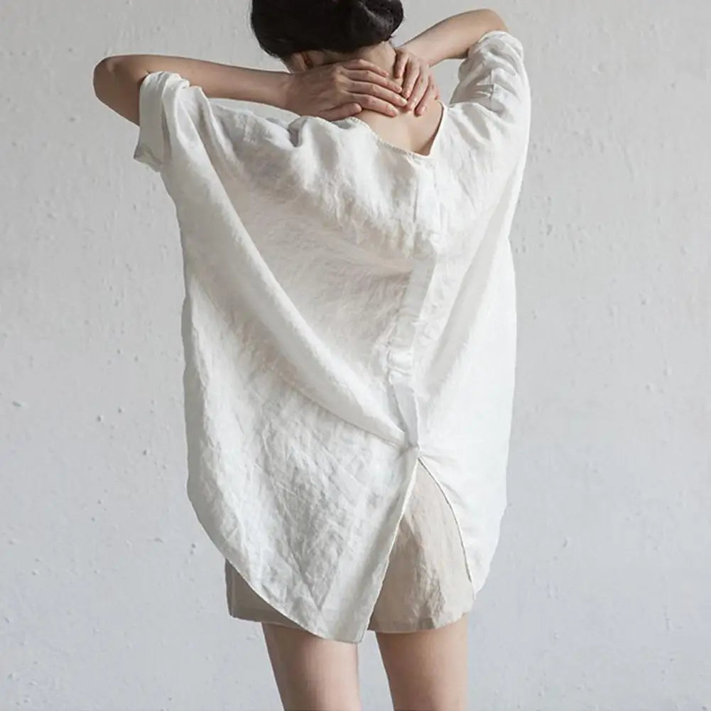 Womens Oversized Pullover O-neck Mid-Length Back Split Hem Summer Shirt Solid Color Half Sleeve Pullover Blouse Female Clothing