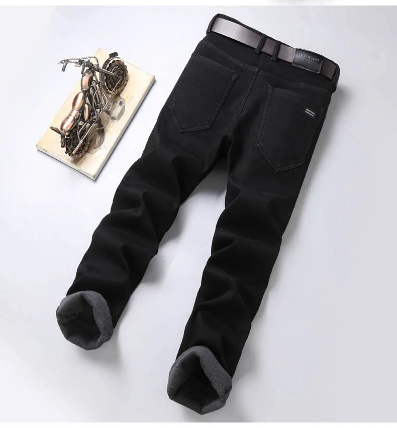 2025 Winter Warm Denim Casual  Fleece  Jeans Men Elasticity  Slim Fit Stretch Thick Velvet Pants Black Grey Blue Jeans