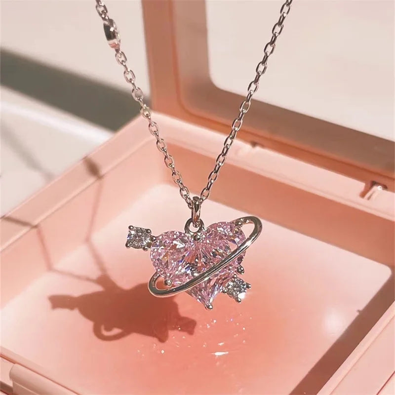 Y2K Pink Planet Heart Zircon Pendant Necklaces Women Fashion Aesthetic Clavicle Chain Necklace Valentines Day Gift Party Jewelry Viralgem Store