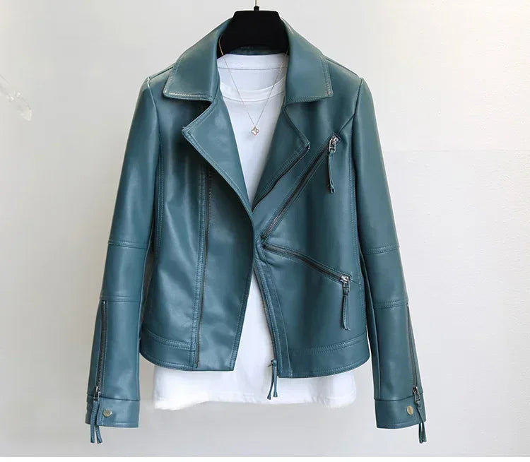 Spring Autumn Vintage Faux Leather Jacket Women Brown Moto Biker  Leather Coats Casual Street Wear Zipper PU Basic Outwear