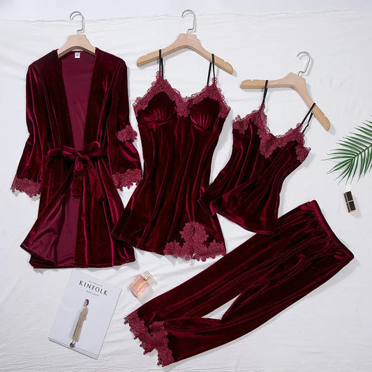 TOP Casual Velour Home Clothing 4pcs Sleep Set Intimate Lingerie Women Pajamas Suit Long Sleeve Lace Velvet Homewear Pyjamas Viralgem Store
