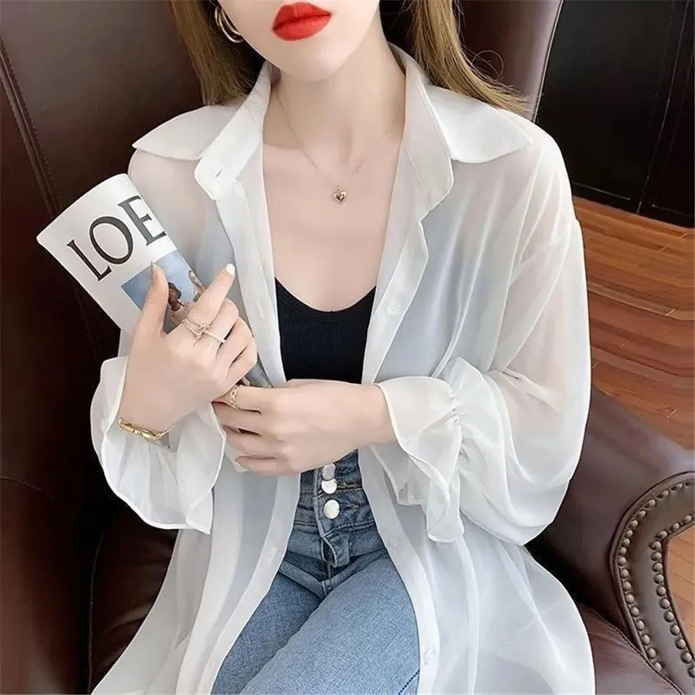 2023 Summer New Thin Women's Sun Protection Jacket Loose Long Sleeves Medium Long Chiffon Shirt Fashion Style Purple Female Tops